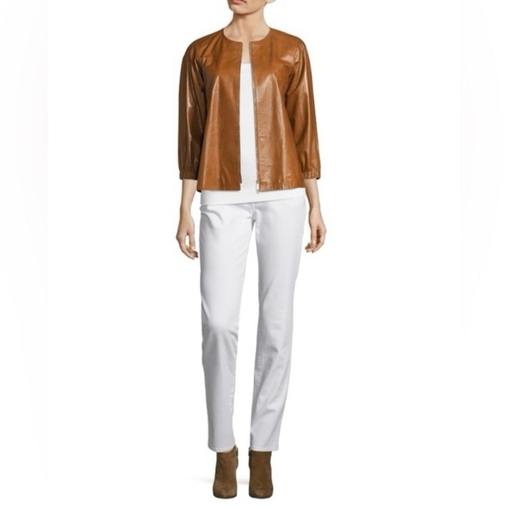 Lafayette 148 New York Tan Genuine Leather Jacket Collarless Minimalist Size 8